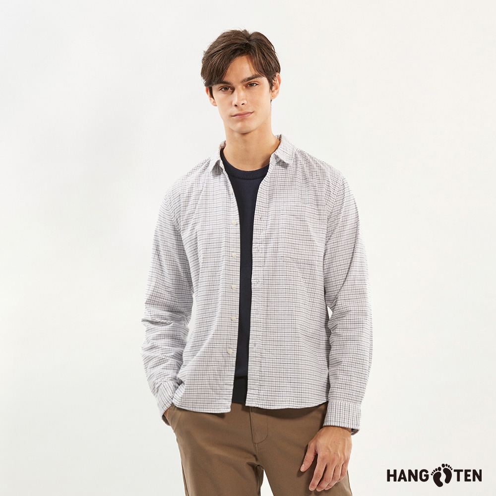 Hang Ten-男裝-牛津布經典格紋彈性長袖襯衫-淺卡其