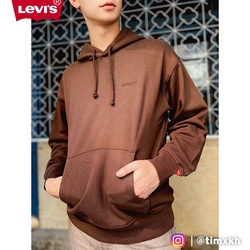 Levis 男款 復古寬鬆版重磅口袋帽T / 精工刺繡Logo / 430GSM厚棉 熔岩可可