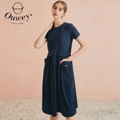 OUWEY歐薇 甜美打摺層次造型拼接口袋連身洋裝(深藍)3213167021