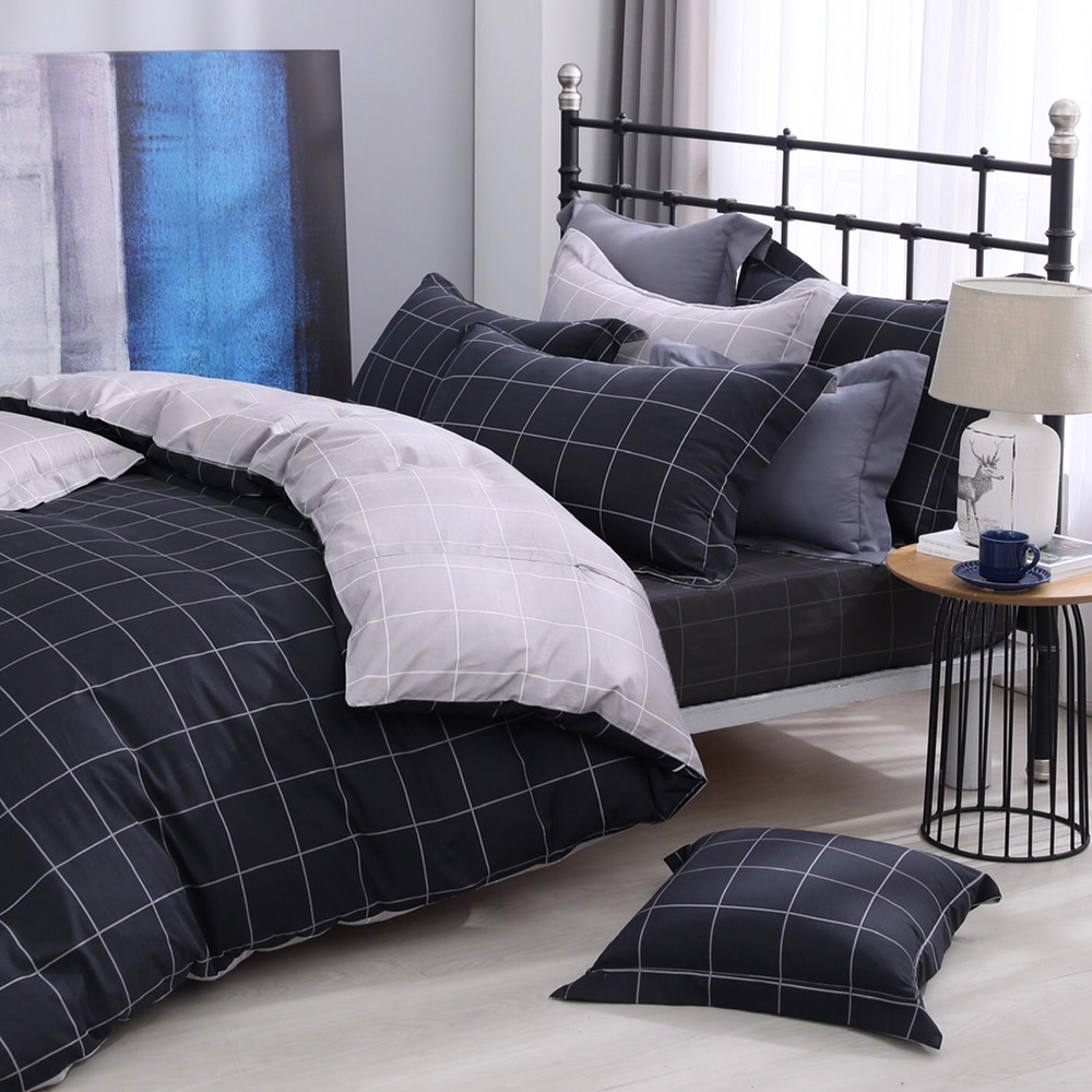 OLIVIA  黑灰格   特大雙人床包兩用被套四件組 200織精梳純棉 台灣製