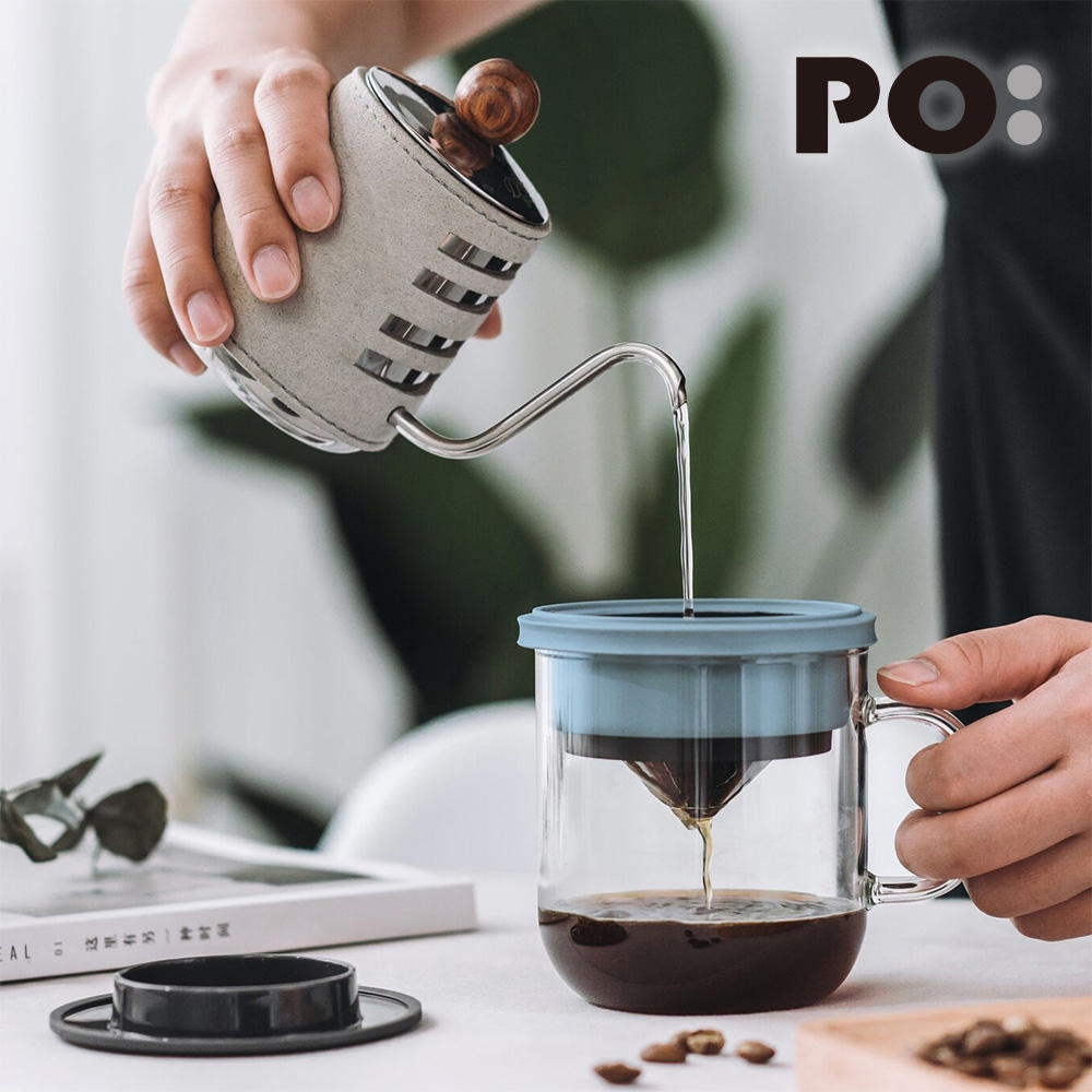 【PO:Selected】丹麥DIY手沖咖啡二件組 (手沖咖啡壺-灰/咖啡玻璃杯350ml-黑藍)