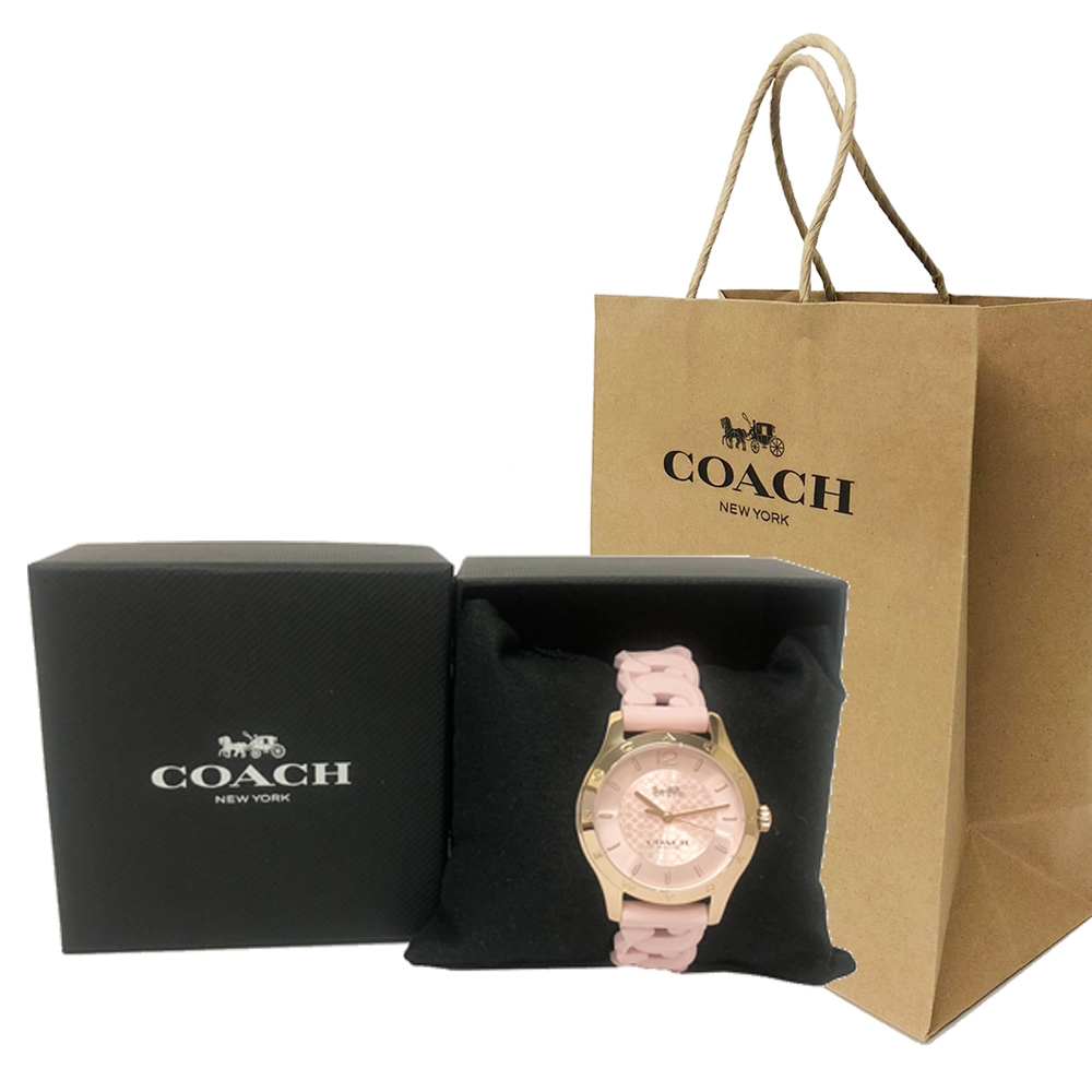 COACH 經典C LOGO錶面編織果凍錶帶女用手錶贈紙袋(櫻花粉)