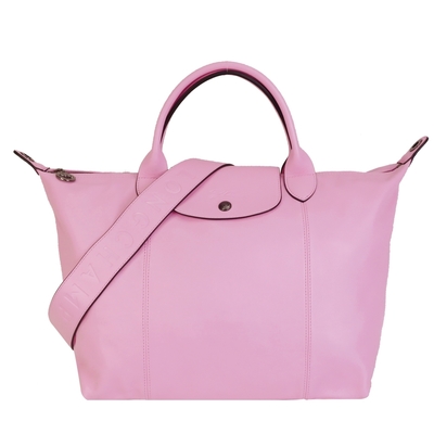 LONGCHAMP Le Pliage Cuir 小羊皮寬背帶短把折疊水餃包(中/粉紅)