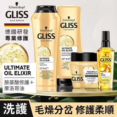 Schwarzkopf 施華蔻 Gliss 極致精油修護全套(極致精油洗*1+極致精油潤*1+極致精油髮膜*1+極致精油髮油*1)(RL)