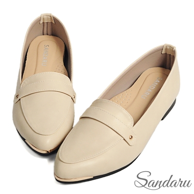 山打努SANDARU-樂福鞋 簡約金飾真皮墊尖頭平底鞋-米