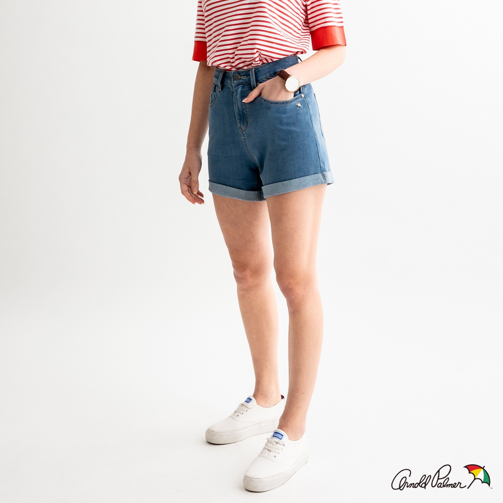 Arnold Palmer -女裝-涼感紗褲口反折寬鬆版牛仔短褲-深藍色