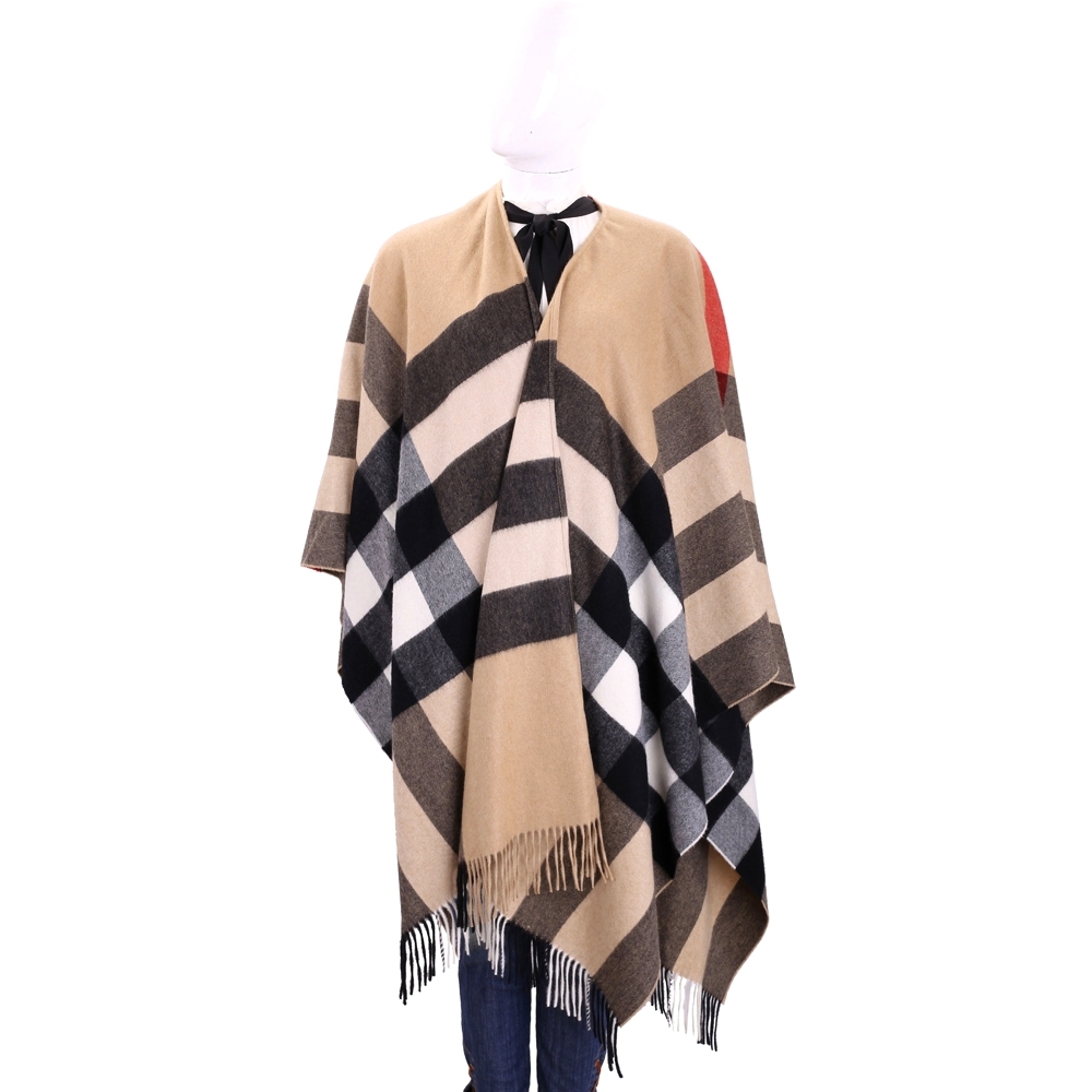 BURBERRY 格紋喀什米爾羊毛流蘇斗篷(駝色/100%CASHMERE) | 精品服飾/鞋子| Yahoo奇摩購物中心