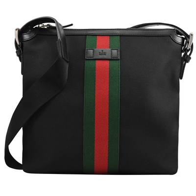 GUCCI 烙印LOGO綠紅綠織帶裝飾帆布織帶斜背包(黑)