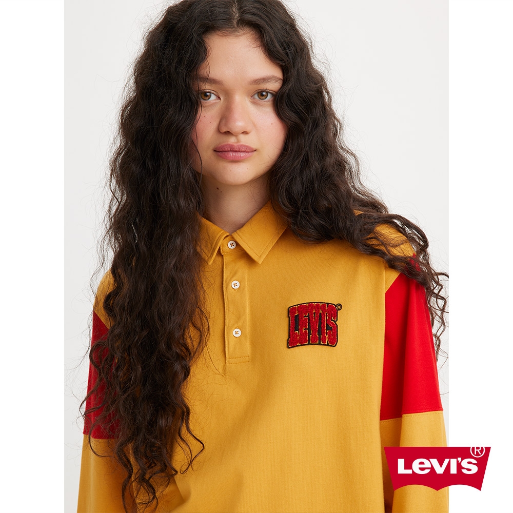 Levis 女款 美式學院風寬鬆版長袖Polo衫 / 絨面徽章Logo