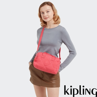 Kipling 菱格活力蜜桃粉中型圓筒手提肩背兩用包-BINA M