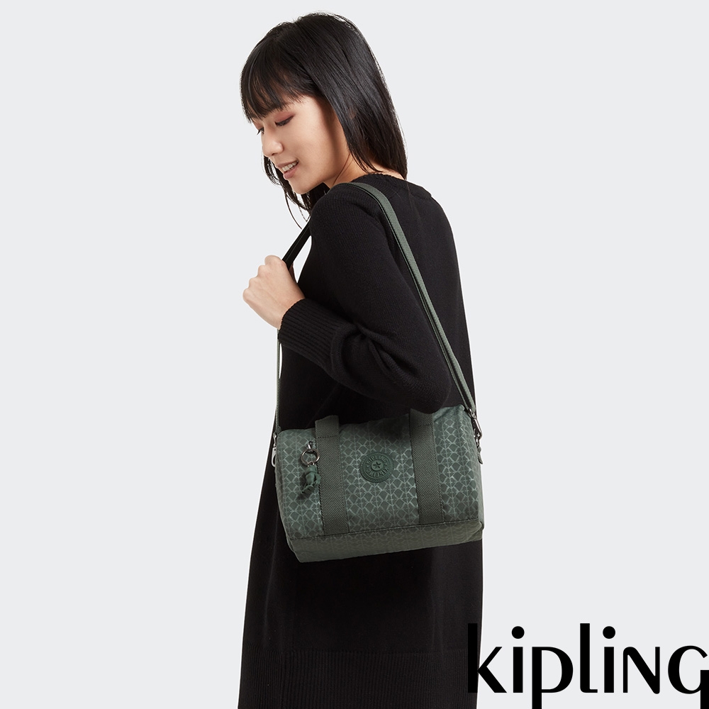 Kipling 軍綠老花格紋中型圓筒手提肩背兩用包-BINA M