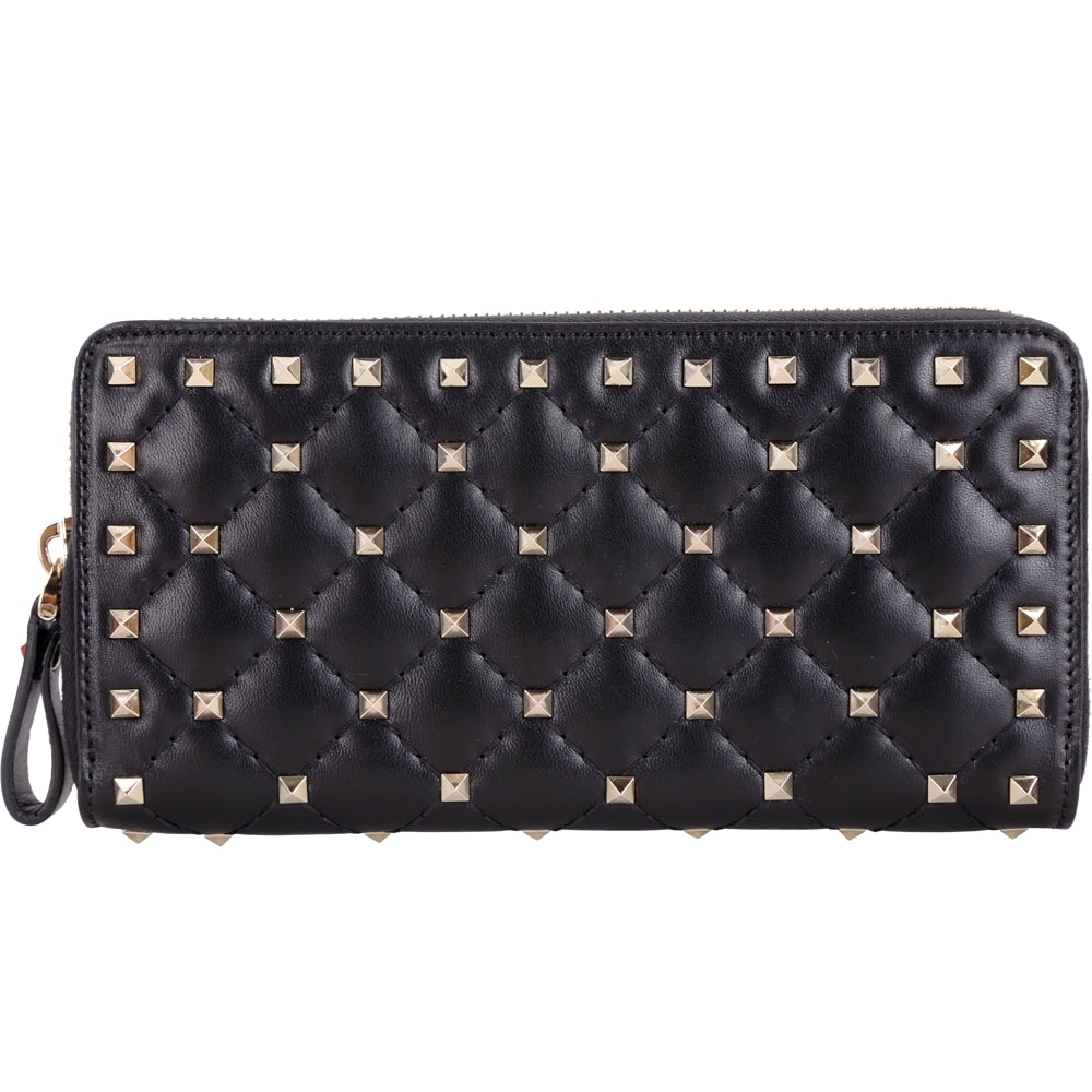 VALENTINO Rockstud Spike 絎縫羊皮菱格鉚釘拉鍊長夾(黑色) | 歐系精品