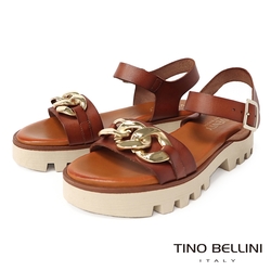 Tino Bellini 西班牙進口金屬鍊環牛皮釦帶厚底涼鞋-咖啡