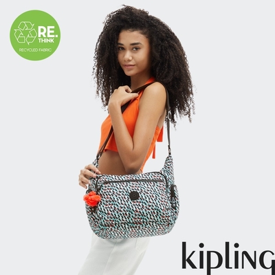 『牛角包』Kipling 黑綠抽象印花多袋實用側背包-GABBIE