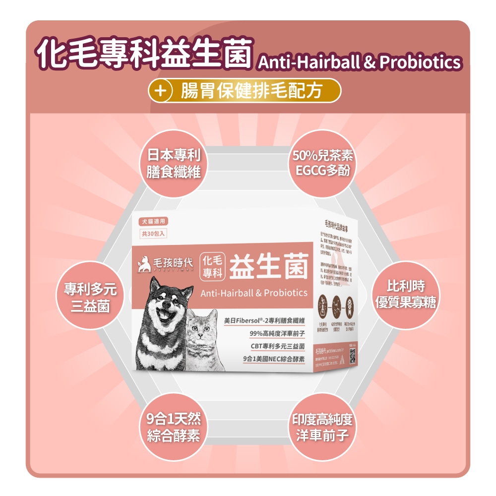 毛專科益生菌 nti-Hairball & Probiotics 腸胃保健排毛配方日本專利50%兒茶素膳食纖維GG多酚犬貓適用共30包入毛孩品牌毛孩時代 化毛專科益生菌A比利時專利多元®Anti-Hairball & Probiotics三益菌優質寡糖9合1天然綜合酵素美日Fibersol®-2專利膳食纖維99%高純度洋車前子CBT專利多元三益菌9合1美國NEC綜合酵素C印度高純度洋車前子E