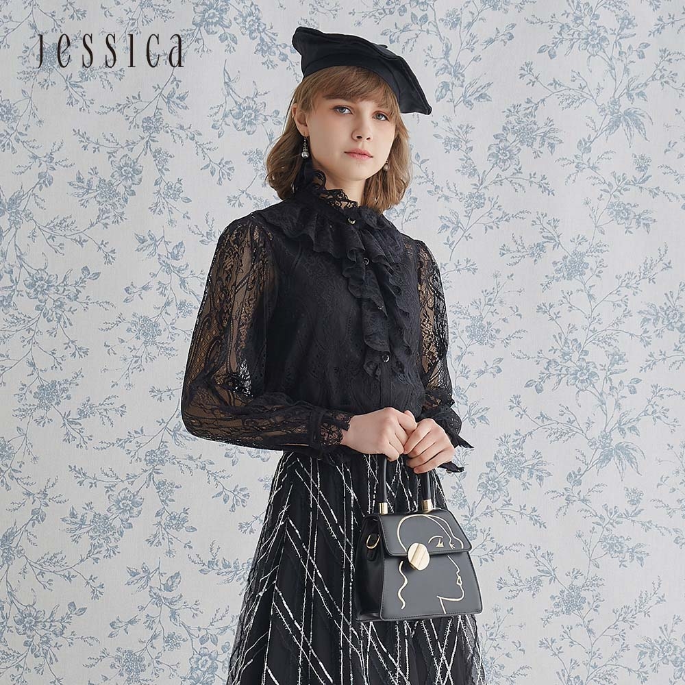 JESSICA - 柔美浪漫褶皺甜美百搭精緻蕾絲長袖襯衫（黑）