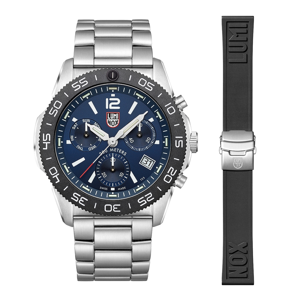 LUMINOX 雷明時 Pacific Diver Chrono太平洋潛行者雙曆計時鋼帶200米潛水錶 – 藍 44mm