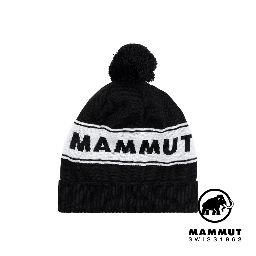 【Mammut】Peaks Beanie 保暖針織LOGO毛球羊毛帽 黑/白 #1191-01100