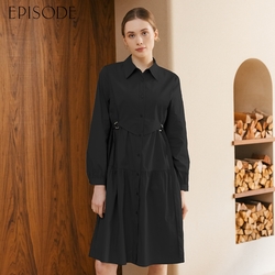 EPISODE - 休閒寬鬆腰帶棉質襯衫裙長洋裝E35706（黑）