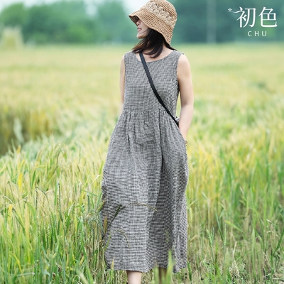 初色 休閒棉麻寬鬆小格紋無袖清涼感連身裙長版洋裝-共2色-68945(M-2XL可選)