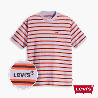 Levis 男款 重磅寬鬆版短袖條紋T恤 / 精工迷你刺繡Logo / 217GSM厚棉 黑橘粉