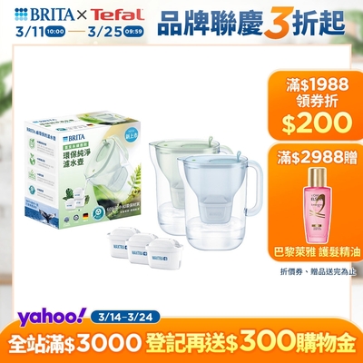 [共1壺3芯]德國BRITA Style純淨濾水壺 永續版 3.6L+全效型濾芯2入(冰川藍/森林綠)