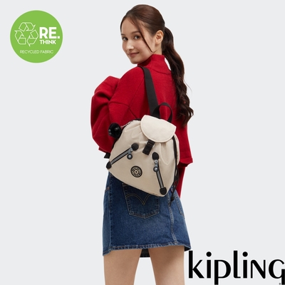 Kipling 米色拼接雙拉鍊實用後背包-NEW FUNDAMENTAL S