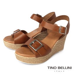 Tino Bellini 西班牙進口夏氛悠閒牛皮釦帶楔型涼鞋-棕