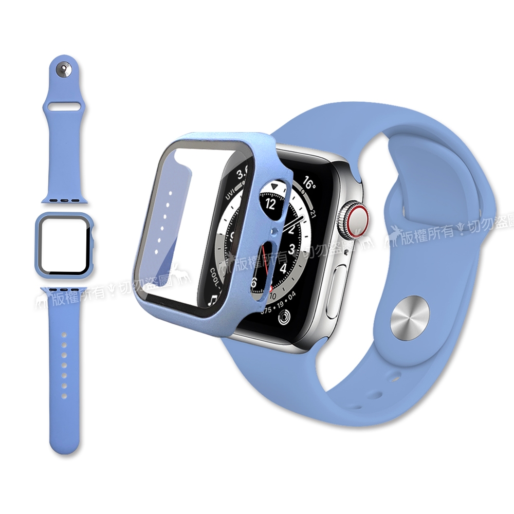 全包覆 Apple Watch Series SE/6/5/4 (44mm) 9H鋼化玻璃貼+錶殼+環保矽膠錶帶(淺紫)