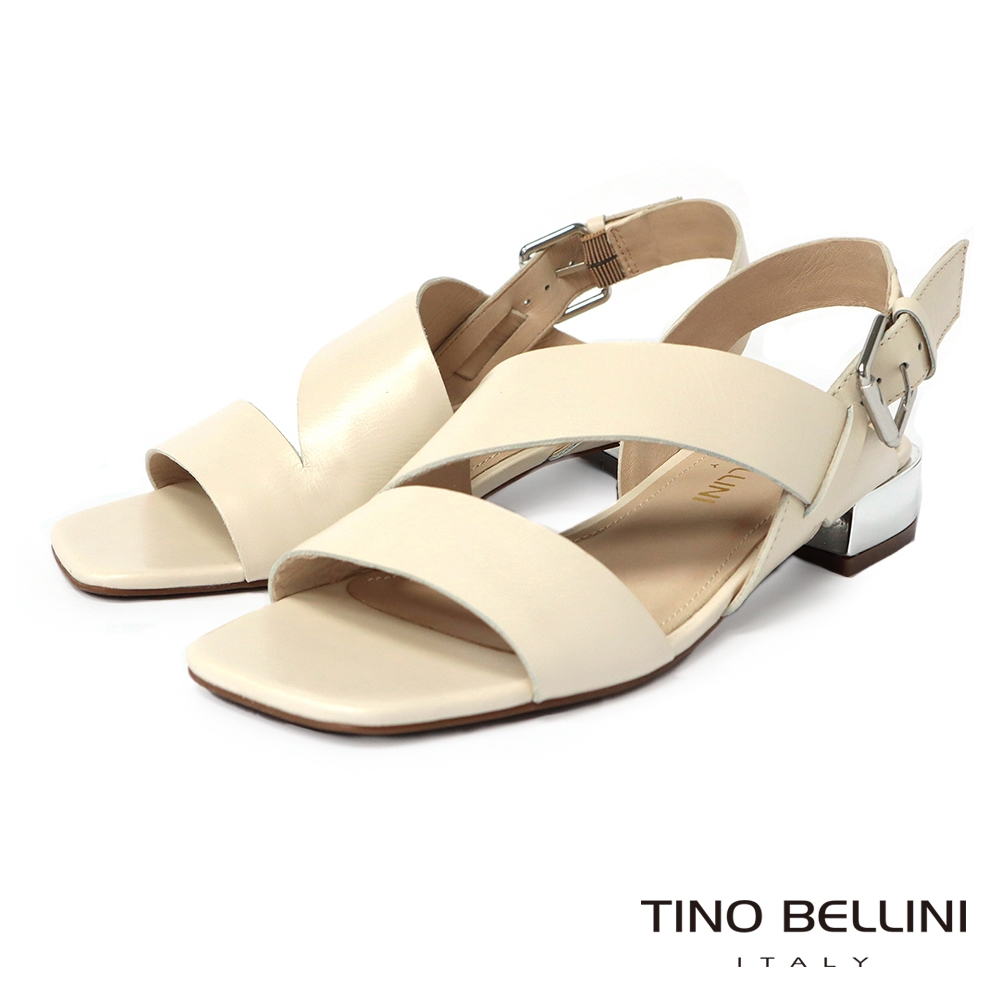 Tino Bellini 巴西進口知性淡雅牛皮寬帶繞踝低跟涼鞋-白