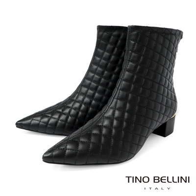 Tino Bellini 巴西進口牛皮菱格衍縫尖頭拉鍊短靴-黑