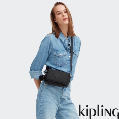 kipling 曜岩黑品牌經典圓標前後加寬收納側背包-abanu