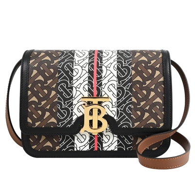 BURBERRY 巴寶莉 Monogram 金屬LOGO滿版TB印花翻蓋斜背包(黑邊)