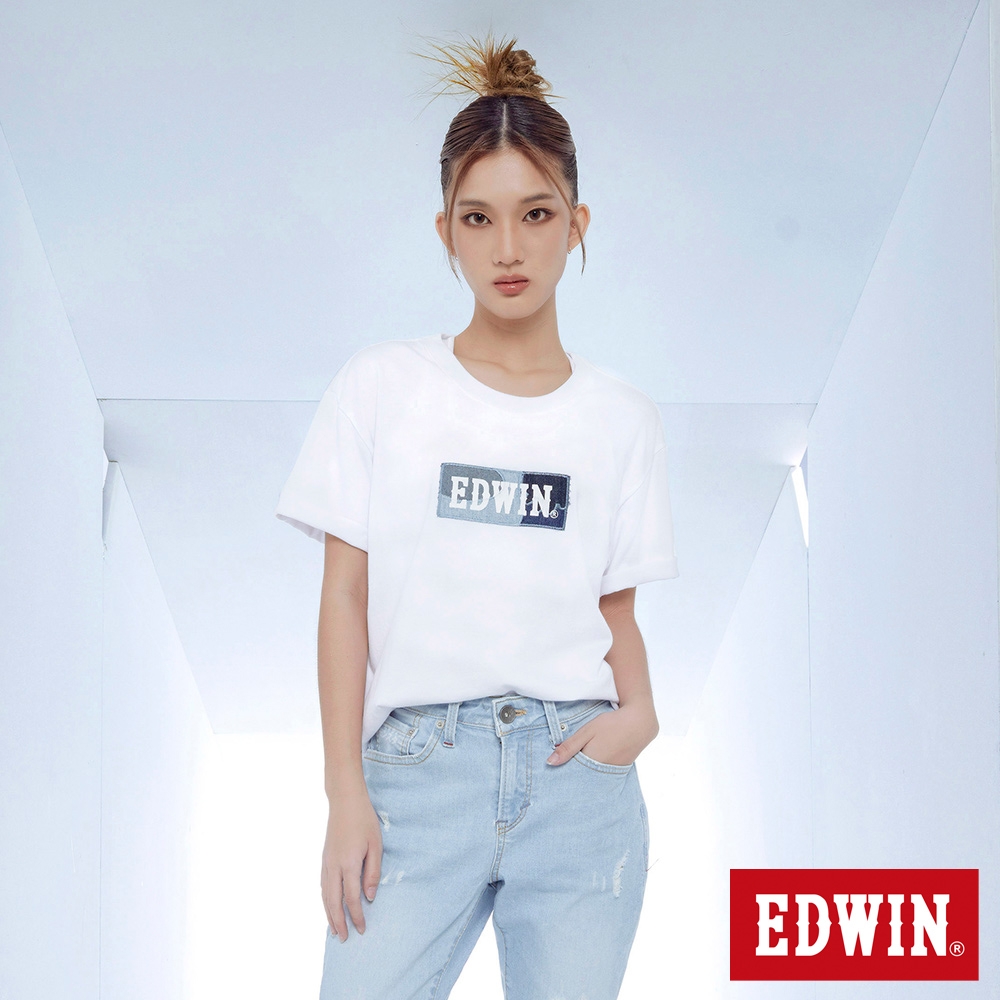 EDWIN 再生系列 CORE拼布 BOX LOGO短袖T恤-女-白色