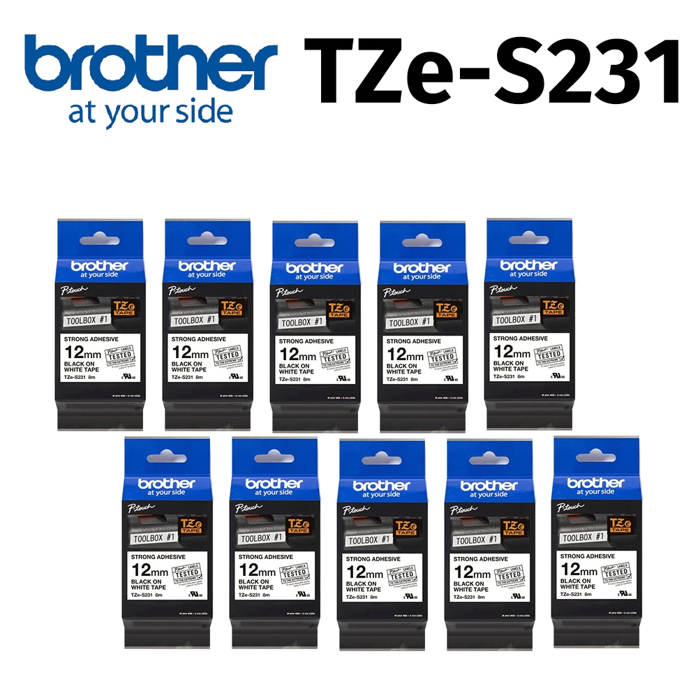 【10入組】brother TZe-S231 超黏性護貝標籤帶 ( 12mm 白底黑字 )