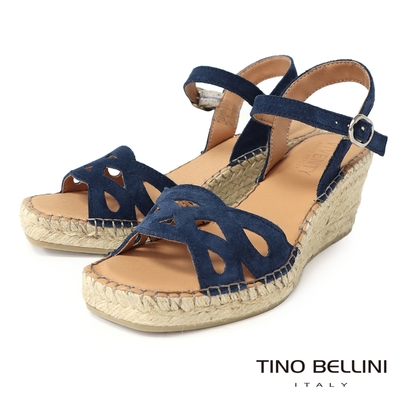 Tino Bellini 西班牙進口牛麂皮蝶型簍空麻編楔型涼鞋-藍