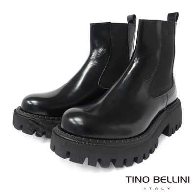 Tino Bellini 義大利進口牛皮厚底中筒切爾西靴-黑