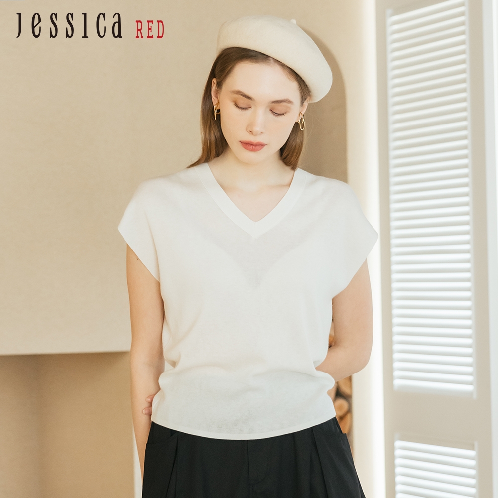 JESSICA RED - 簡約舒適百搭羊毛V領短袖針織衫R35502（白）
