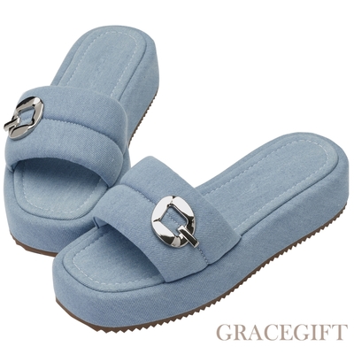 【Grace Gift】紀卜心聯名-泡泡棉花糖厚底拖鞋 牛仔