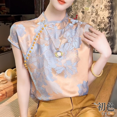 初色 復古中國風山茶花印花短袖寬鬆襯衫上衣-香檳色-32931(M-2XL可選)