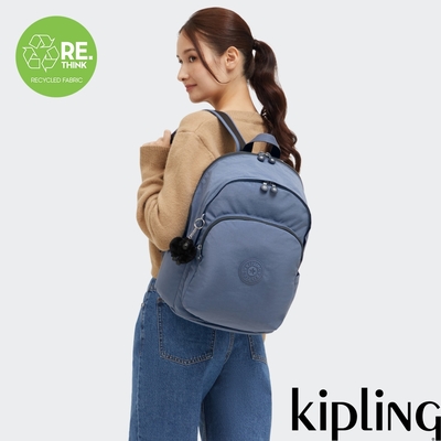 Kipling 簡約霧灰藍時尚拉鍊大開口後背包-DELIA M