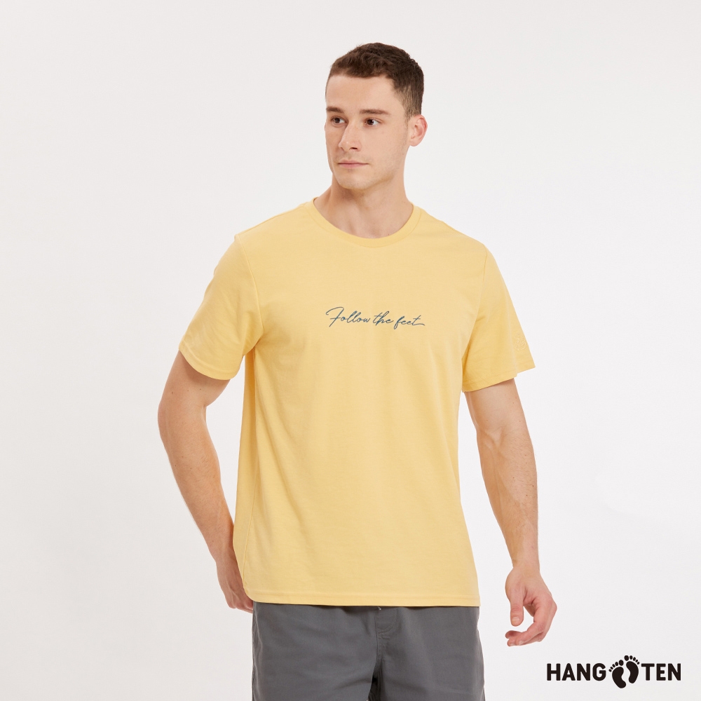 Hang Ten-男裝-速乾棉吸濕快乾抗菌除臭品牌精神標語刺繡短袖T恤-淺黃