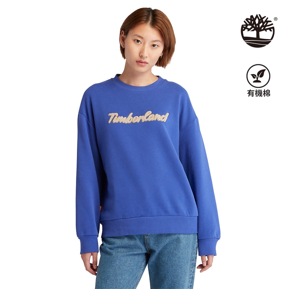 Timberland 女款亮藍色寬版Logo長袖套頭上衣|A6HV5G58