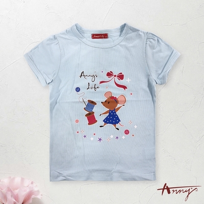 annys安妮公主-針線小老鼠春夏款彈性棉短袖上衣*0330水藍