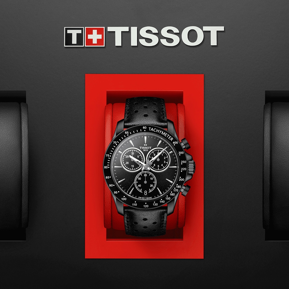 TISSOT 天梭 官方授權 V8系列三眼計時皮帶腕錶 送禮推薦-鍍黑/42.5mm T1064173605100