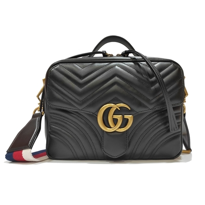 【GUCCI 古馳】498100 經典GG Marmont 仿舊金色 LOGO牛皮暗釦手提/斜背/化妝兩用包(黑色)