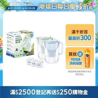 [共1壺3芯]德國BRITA Style純淨濾水壺 永續版 3.6L+全效型濾芯2入(冰川藍/森林綠)