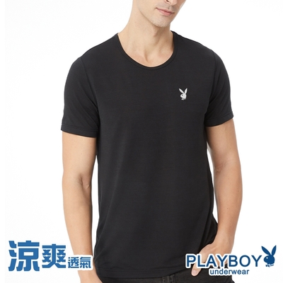 PLAYBOY 速乾透氣波浪紋氣網排汗圓領短袖衫-單件(黑)