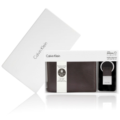 Calvin Klein RFID防盜刷 荔枝壓紋LOGO短夾鑰匙圈禮盒-咖啡色