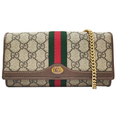 【gucci 古馳】 546592 經典ophidia帆布woc印花綠紅綠織帶皮革飾邊暗釦肩背/手拿長夾(棕色)